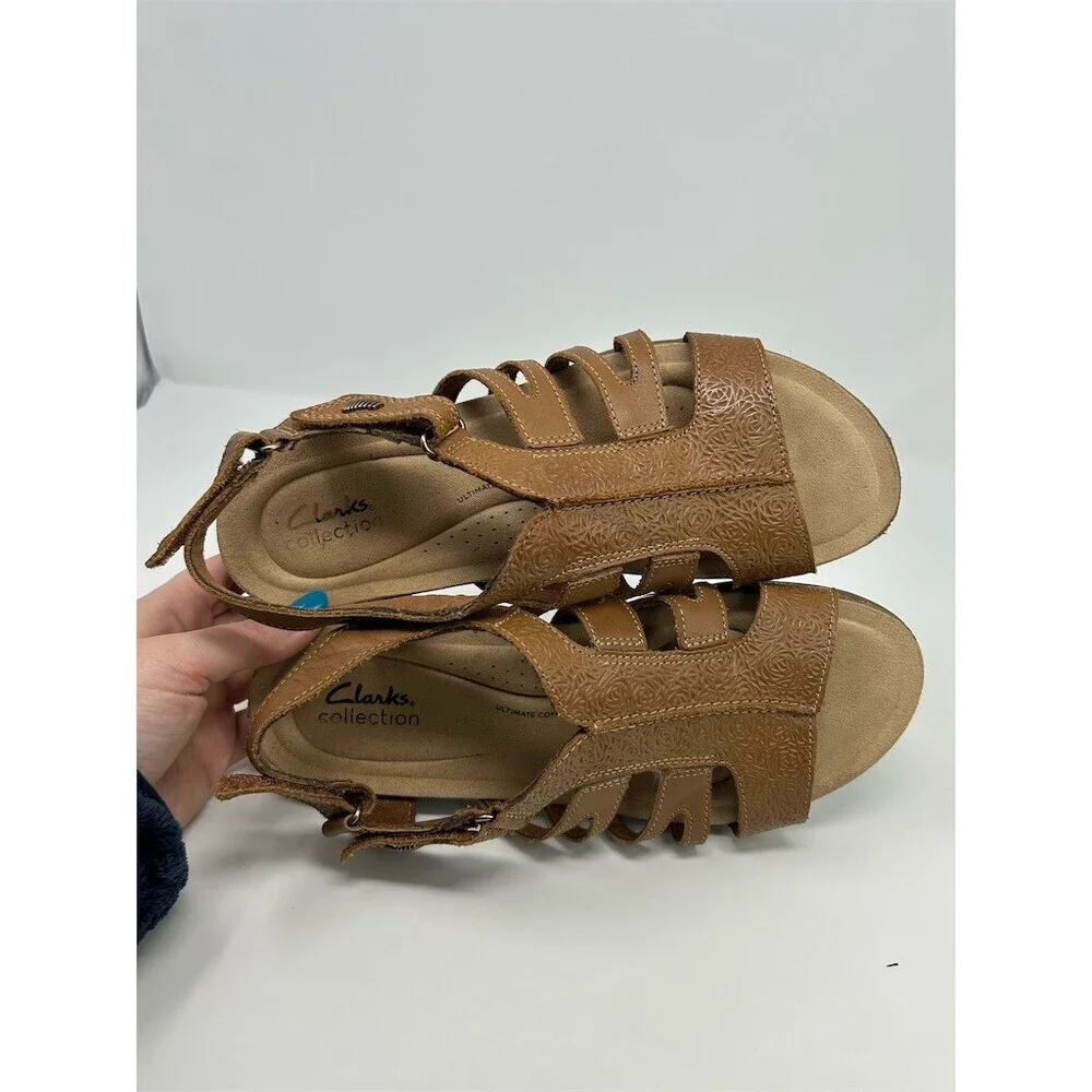 Clarks April Belle Womens Slingback Wedge Sandals Brown Strappy Comfort Size 10